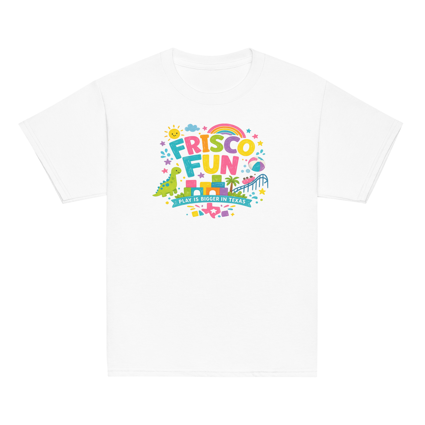 Frisco Fun Youth T-Shirt | Play Is Bigger in Texas | Dinosaur Adventure Shirt | Kids Vacation Tee | Texas Theme Park Inspired Youth Graphic Tee